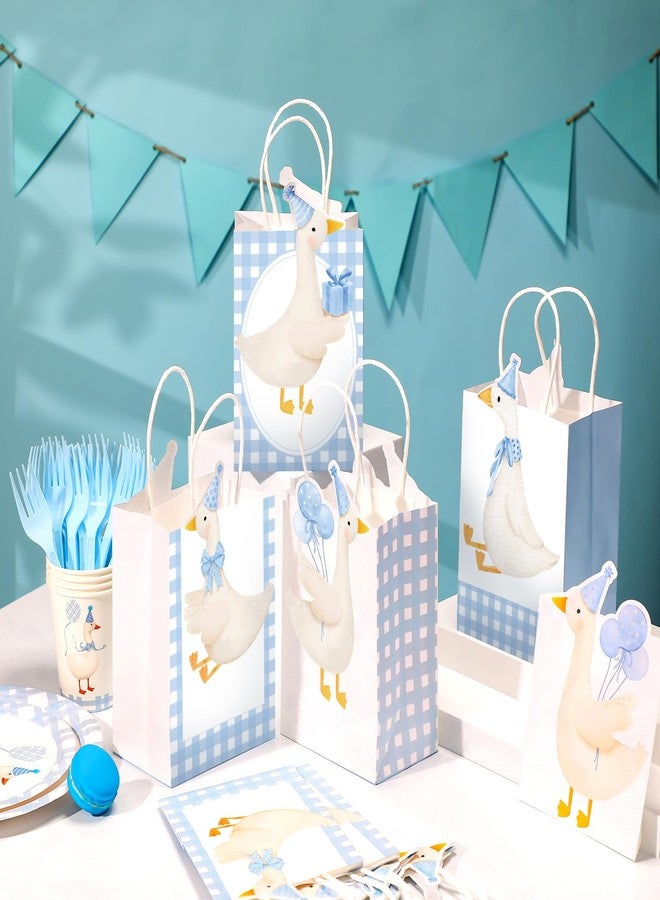 Kolldenn 24 Pcs One Silly Goose Party Favors Cute Treat Bags Gift Gingham Gift Goodies Bags Silly Goose Party Decoration Cute Coquette Bow with Handles for Birthday Baby Shower Supplies(Blue) - Image 2